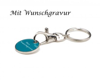 Metal keychain with engraving / with shopping chip / Color: turquoise