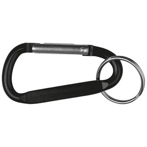 May include: A black carabiner clip with a silver-colored key ring attached. The carabiner is made of metal and has a spring-loaded gate for secure closure. The key ring is made of silver-colored metal.