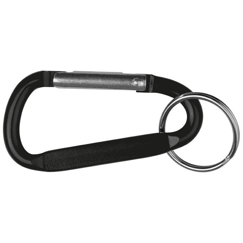 May include: A black carabiner clip with a silver-colored key ring attached. The carabiner is made of metal and has a spring-loaded gate for secure closure. The key ring is made of silver-colored metal.