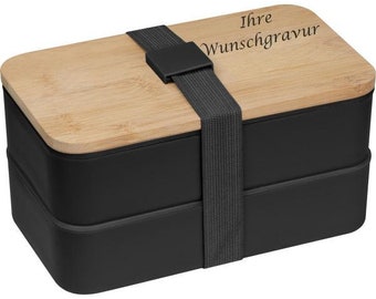Große Brotdose mit Gravur / Lunchbox / 2-stöckig / mit Besteck / Farbe: schwarz