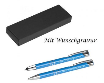 Writing set with engraving / touch pen ballpoint pen + ballpoint pen / medium blue