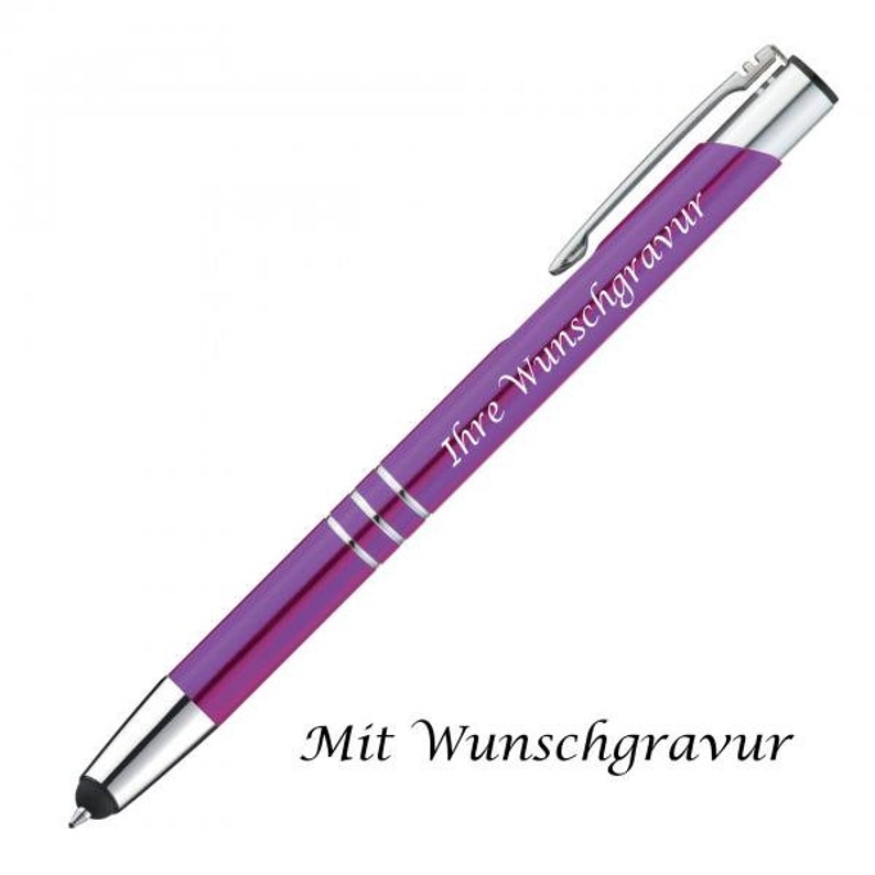 Touchpen ballpoint pen made of metal with engraving / color: purple image 1