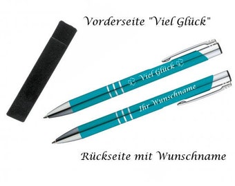 Lucky ballpoint pen with engraving on both sides / with veloure case / colour: turquoise