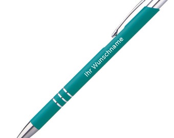 Slim ballpoint pen with engraving / made of metal / color: turquoise