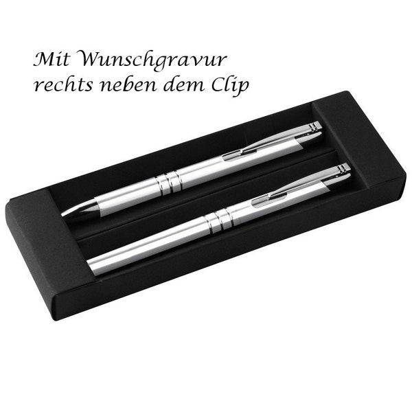 Metal writing set with engraving / ballpoint pen + rollerball / color: white