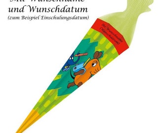 May include: A green, yellow, and red school cone with a cartoon animal design. The cone has the text "Mit Wunschname und Wunschdatum (zum Beispiel Einschulungstag)" printed on it.