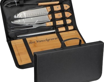 BBQ Set mit Gravur / mit Holzbrett,Messer,Grillzange,Fleischgabel,Messerschärfer