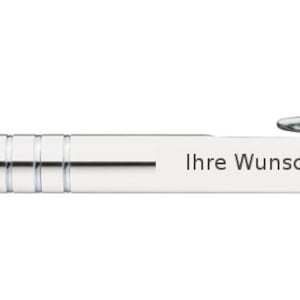 May include: A silver pen with a chrome finish and a black clip. The pen has a white label with the text "Ihre Wunschgravur" on it.