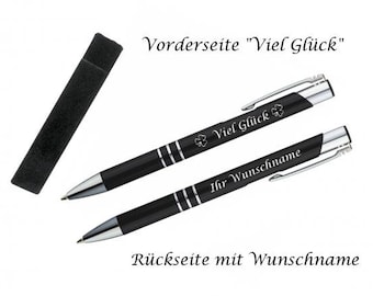 10 Kugelschreiber Mit Gravur „Viel Glück“ – Aus Aluminium, Schwarz, Mit Kleeblatt-Motiv