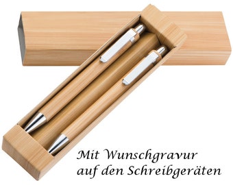 Bamboo writing set with engraving / consisting of ballpoint pen and mechanical pencil