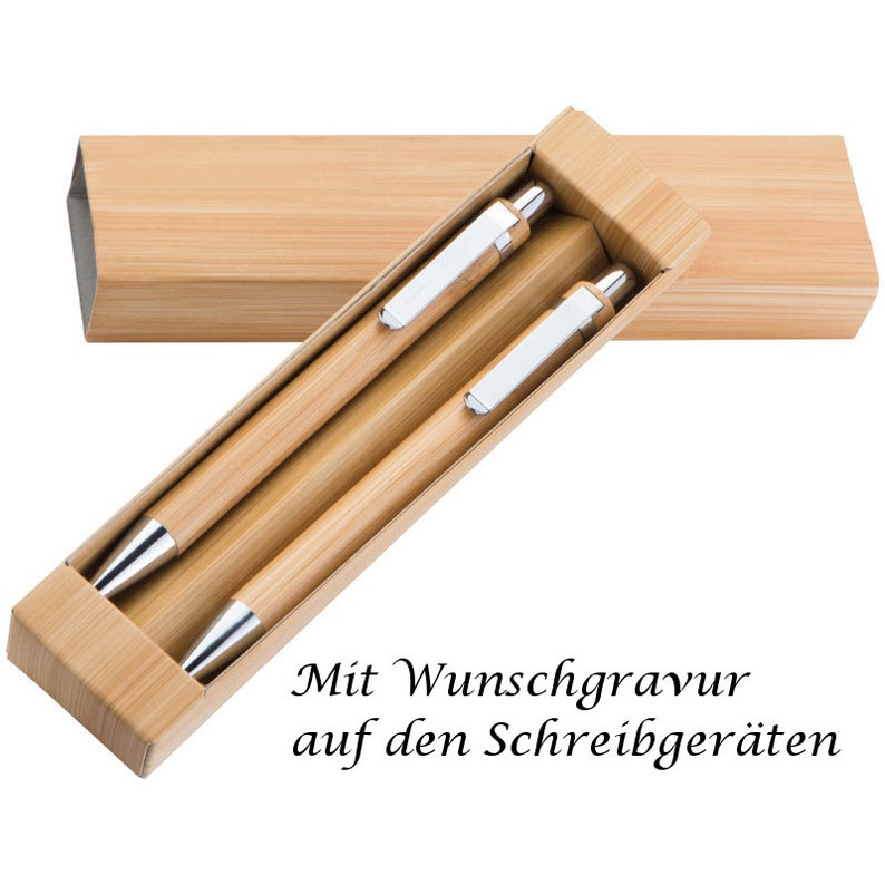 Bamboo writing set with engraving / consisting of ballpoint pen and mechanical pencil image 1