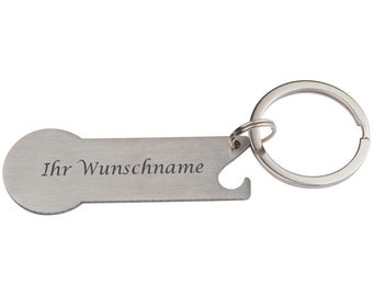 Key ring with engraving / with shopping chip, bottle opener and key ring