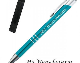Ballpoint pen with engraving / made of metal with velor case / colour: turquoise