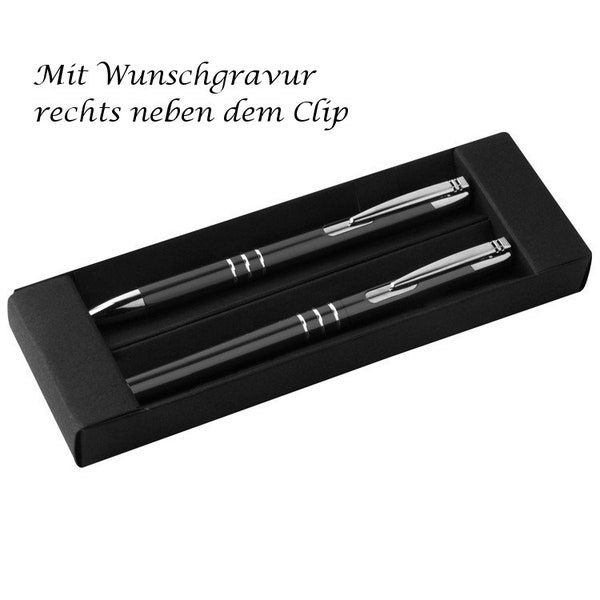 Metal writing set with engraving / ballpoint pen + rollerball / colour: black