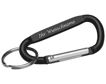 Key ring with engraving / with carabiner hook / color: black