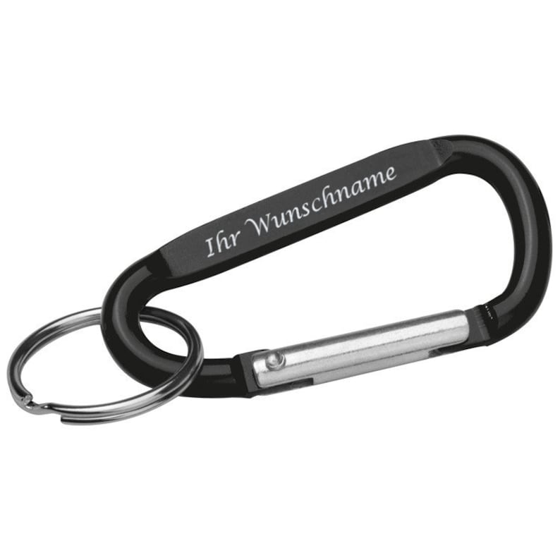 May include: Black carabiner clip with a silver key ring. The clip has the text "Ihr Wunschname" in white script. The carabiner is made of metal and has a spring-loaded gate for secure closure.