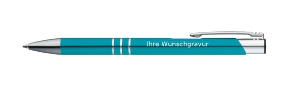 50 Kugelschreiber Aus Metall Mit Gravur – Farbe Türkis, Aluminium, Blauschreibend