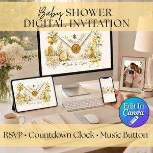 May include: A digital baby shower invitation template displayed on a computer monitor, tablet, and smartphone. The design features a cream-coloured envelope with a gold wax seal, bee illustrations, lemons, and flowers, with the text Click to Open.
