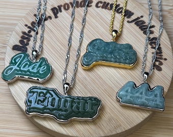 Customize Real jadeite Silver or Gold wrap bail Nameplate Grade A Jade logo pendant Burma Jadeite Alphabet Charms letter Necklace gift