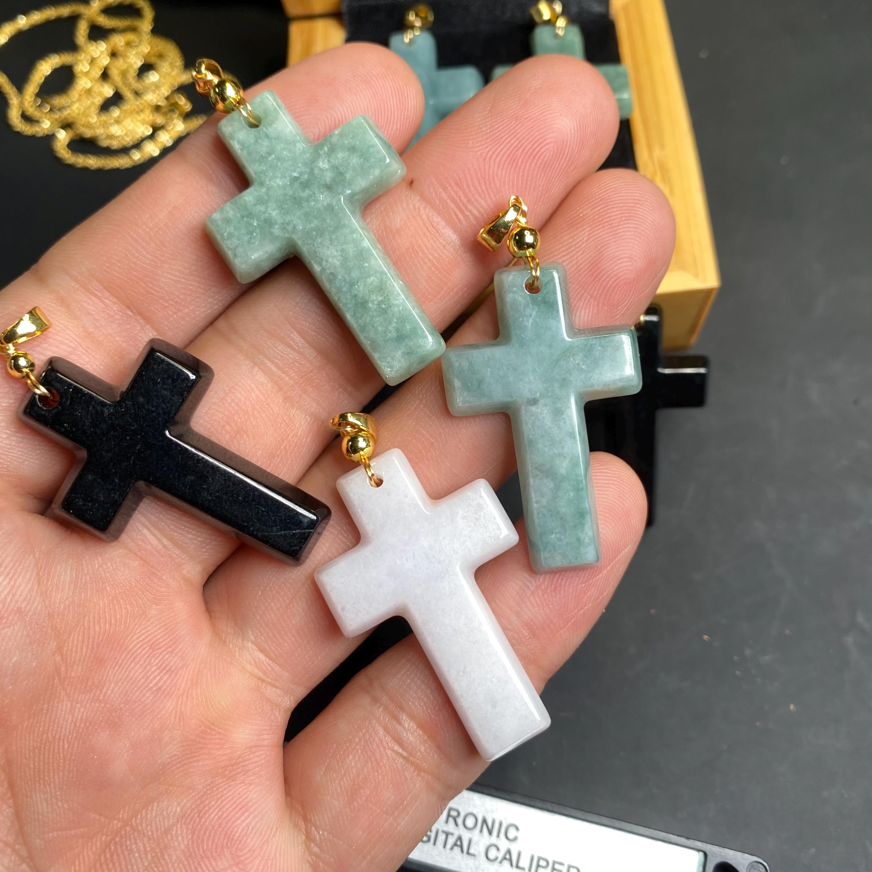 Malajiang Natural Light Green Jade Cross Pendant – White Gold Plated, 18" Chain, Lucky Charm