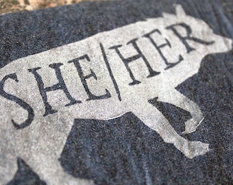 Hand Printed Wolf Pronoun Patch - Recycled Cotton Fabric
