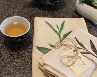 Hand Printed Tea Towels – Tea-Dyed Cotton, Camellia Leaf