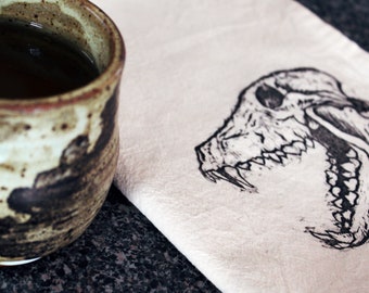 Handmade Canine Skull Tea Towel - Block Printed Cotton, Natural Dye