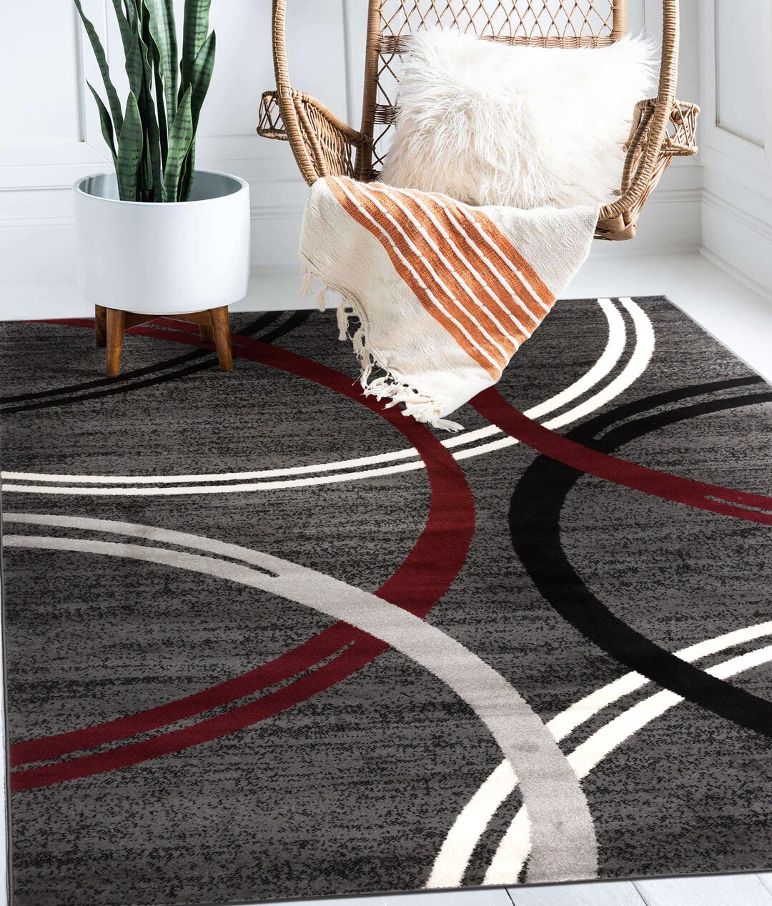 Modern Circles Design Red Area Rug Geometric Abstract Chic Carpet
