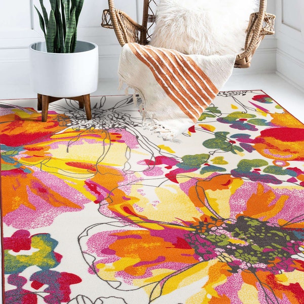 Modern Bright Colorful Flowers Rug - Non-Slip Multi Area Rug - Kitchen Livingroom Rug - Multicolor Flower Pattern Carpet - Housewarming Gift