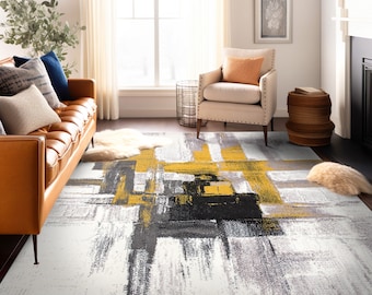 Contemporary Modern Abstract Gold Area Rug - Multicolor Geometric Lines Carpet - Rugs For Bedroom Aesthetic Minimalist Runner