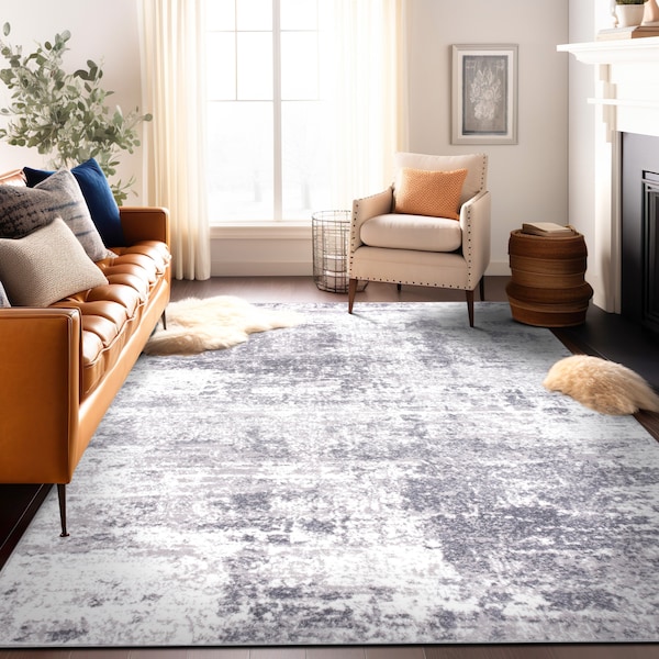 Distressed Modern Abstract Gray Area Rug - Unique Carpet - Luxurious Contemporary Interiors - Various Size - Colorful Modern Rug for Bedroom