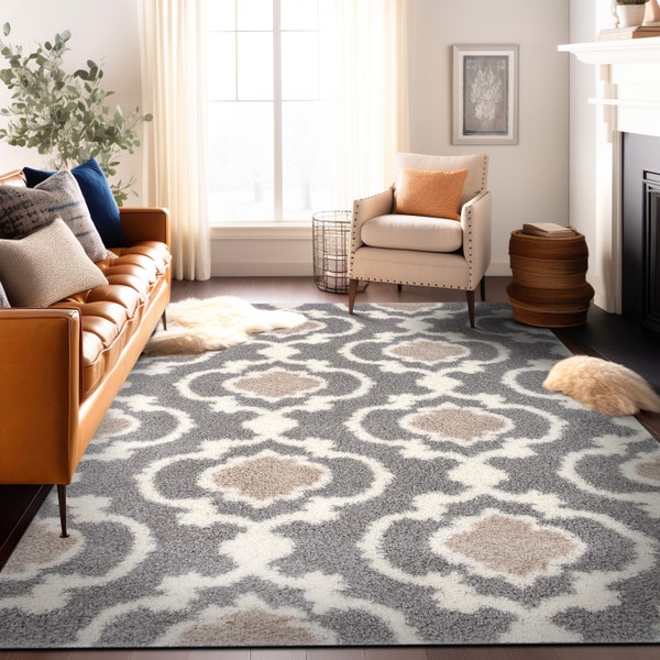 Cozy Moroccan Trellis Indoor Shag Gray/Cream Area Rug - Abstract Geometric Chic Carpet - Rugs For Living Room - High Quality Durable Rug