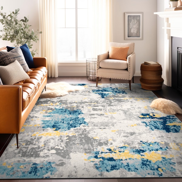 Distressed Modern Cream Area Rug - Colorful Modern Abstract Rug - Rugs For Living Room - Non-Shedding Runner Rug - Cream Boho Style Rug