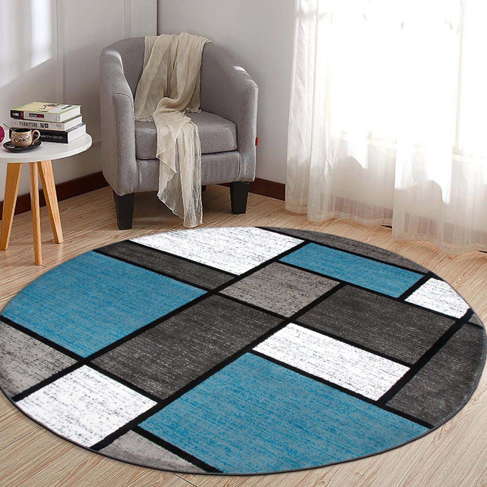 Contemporary Modern Boxes Area Rug Blue/gray Etsy