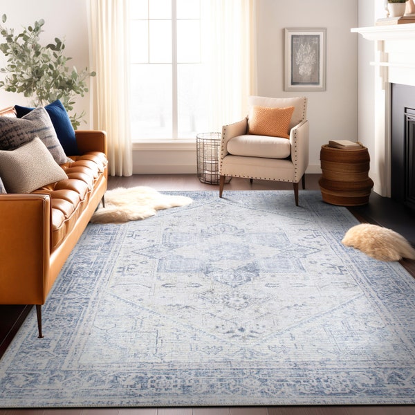 Distressed Bohemian Area Rug Blue- Colorful Painted Abstract Area Rug - Geometric Pattern Boho Chic Carpet - Rugs for Living Room