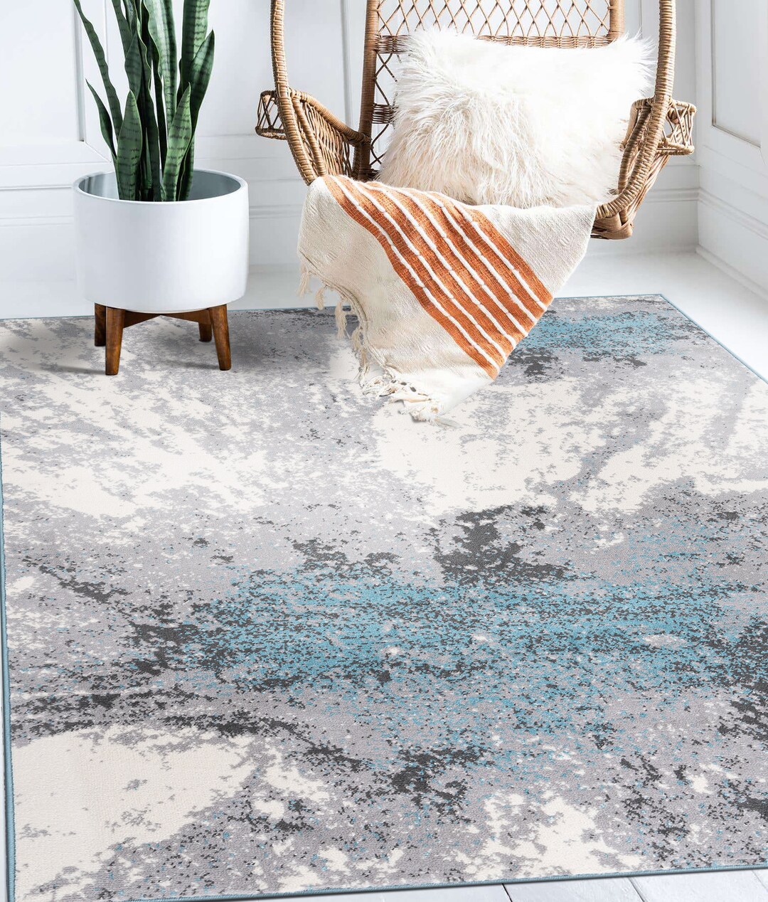 Contemporary Blue Area Rug Multi Colored Livingroom Rug Etsy