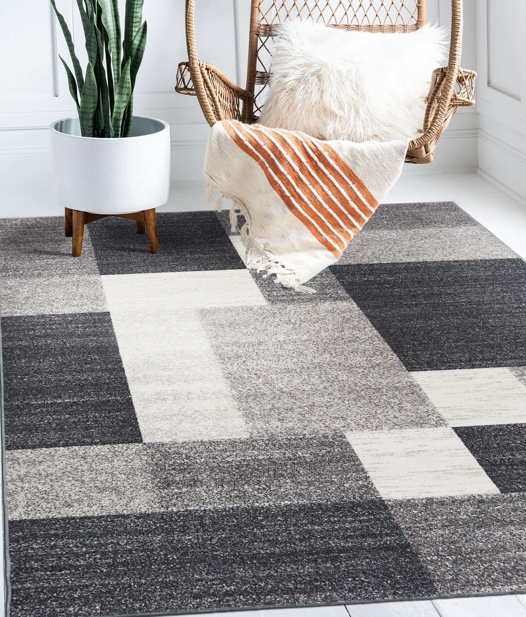 Modern Boxes Design Nonslip nonskid Gray Area Rug Abstract Minimalist Geometric Rug Area Rugs