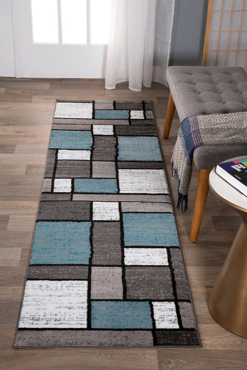 Contemporary Modern Boxes Area Rug Blue/gray Etsy