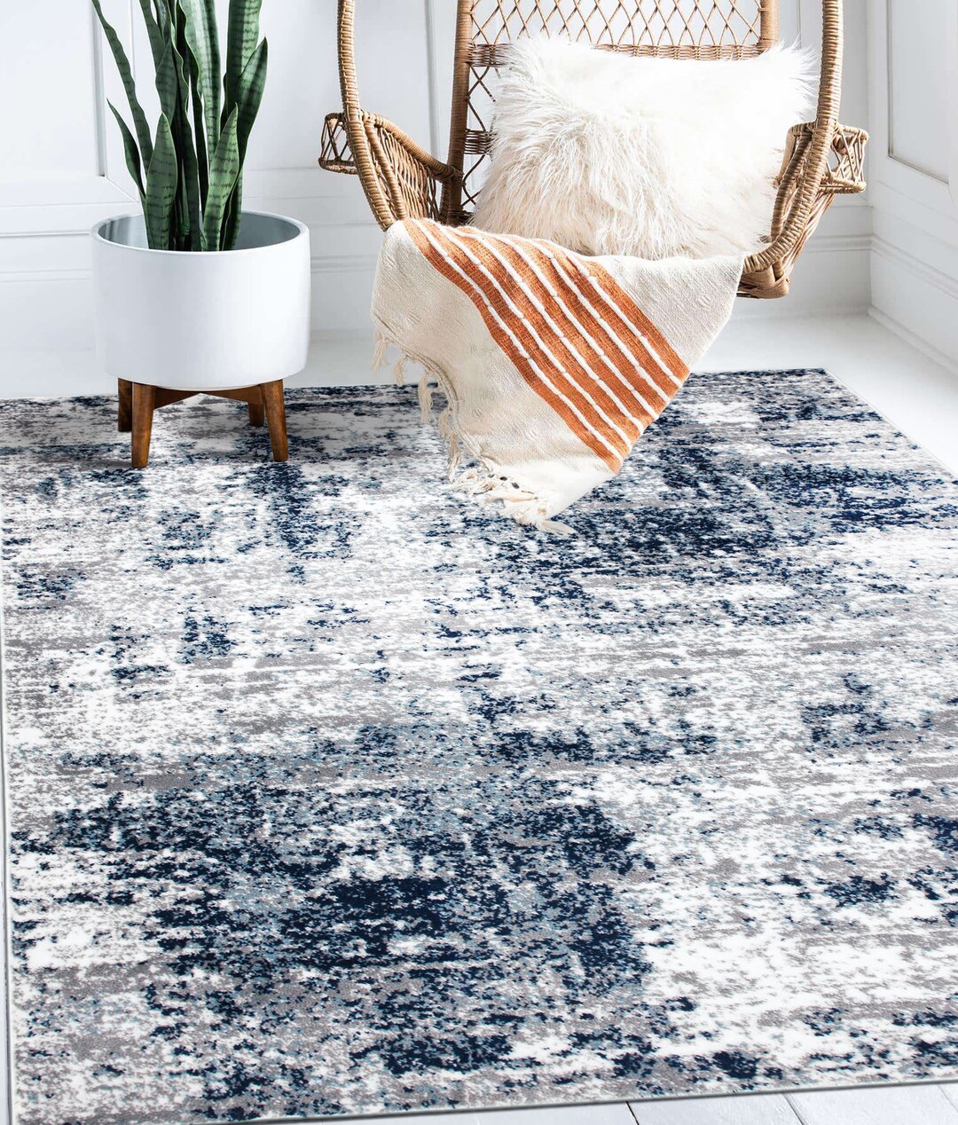 Distressed Modern Abstract Blue Area Rug Unique Carpet Luxurious