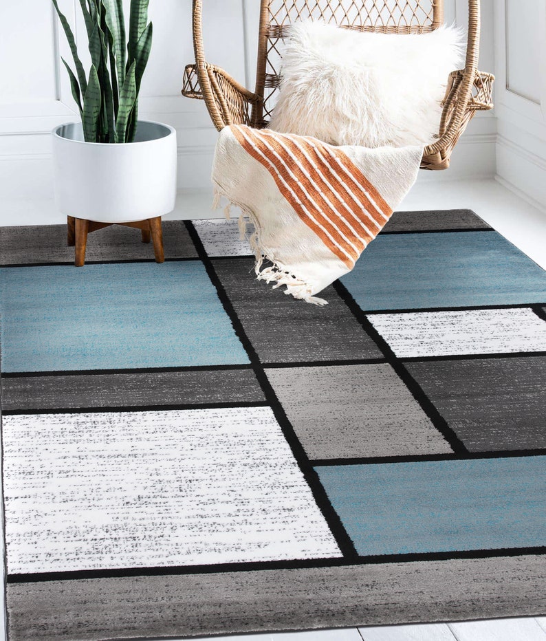 Contemporary Modern Boxes Area Rug Blue/gray Etsy