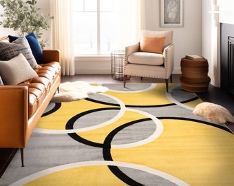 Contemporary Abstract Circles Yellow Area Rug - Rugs For Bedroom Aesthetic Minimalist Carpet - Various Sizes Runner - Housewarming Gift