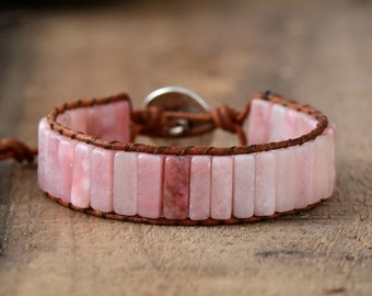 Women Bracelet, Natural Rosamie Pink Opal Leather Wrap Boho Bracelet, Rectangle Semi-precious Stones, Leather wrap, Gift for Her