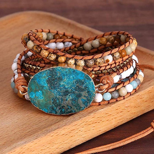 Healing Huge Ocean Jasper Leather Wrap Gemstone Bracelet, Unique Mixed Natural Stones Bracelet