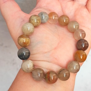 Natural Rabbit Hair Fine Rutile Quartz 13 mm Gemstone Beaded Earthy Tone Bracelet