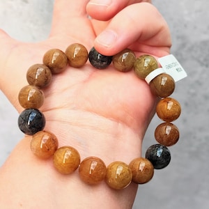 Rutilated Quartz Beaded Bracelet: Earthy Gold Copper Black Gemstone