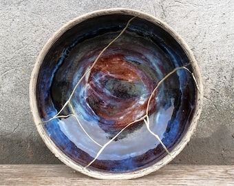 Extra Large 14" Blue and Brown Kintsugi Bowl, Decorative Bowl, Kintsugi Gift.
