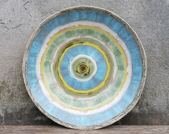 Extra Large Ceramic Bowl, Blue White Green and Yellow Bowl, XL Ceramic Serving Plate