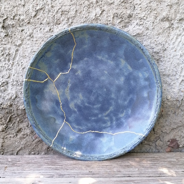 Extra Large Blue Kintsugi Bowl,  17.5" Ceramic Bowl, Decorative Plate.
