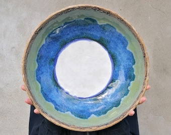 Extra Large Ceramic Bowl, Green, Blue and White Ceramic Bowl, Decorative Bowl