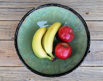 Extra Large Ceramic Bowl, Green Bowl with Black Rim, Fruit Bowl